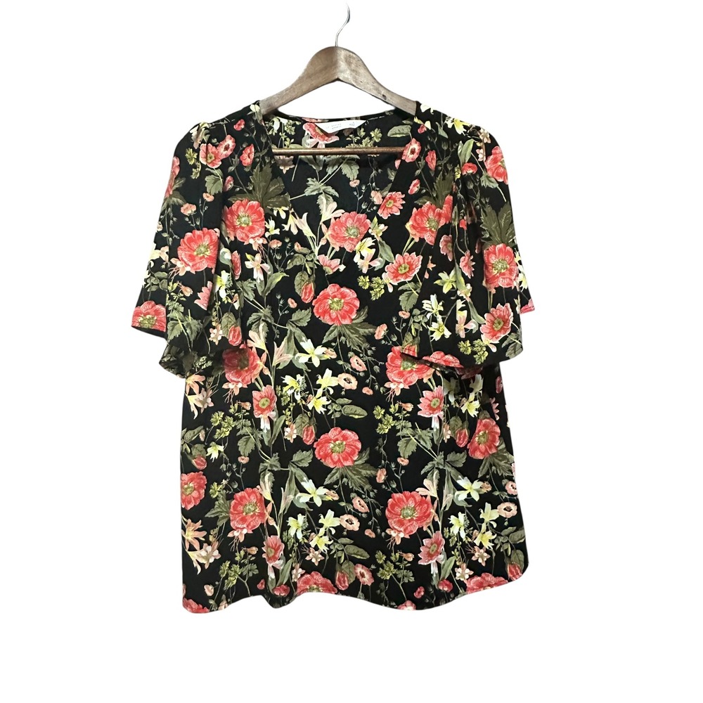 LC‎ Lauren Conrad Floral Top Women's Short Sleeve V Neck Black Red